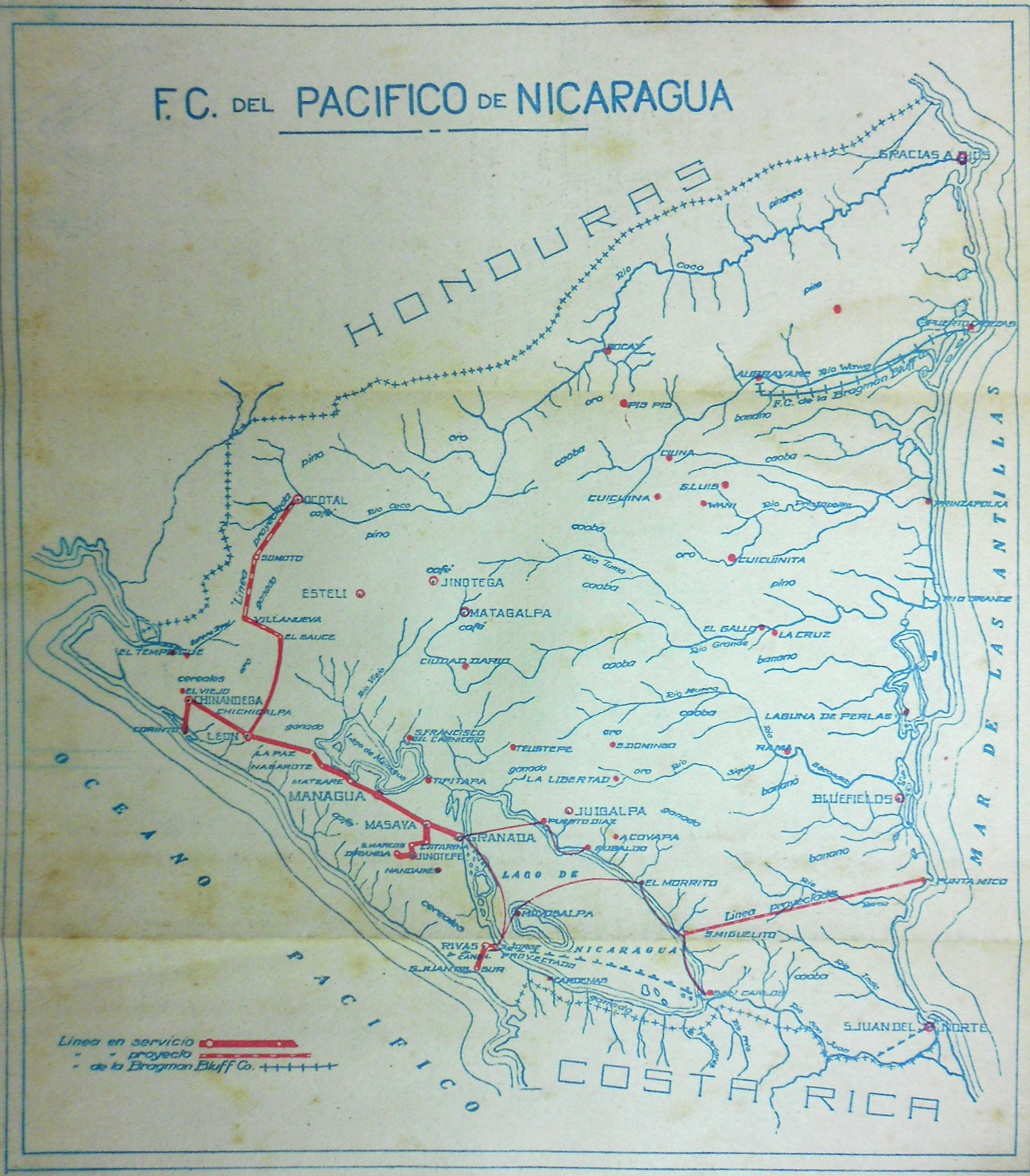 Map Nicaragua ferrocarril 1936