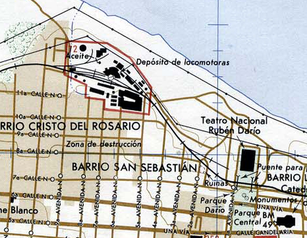 map closeup of Managua locomotive shops 1987