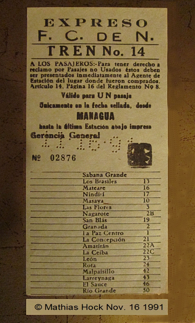 Nicaragua railroad ticket Nov. 16, 1991 Managua-Rio Grande