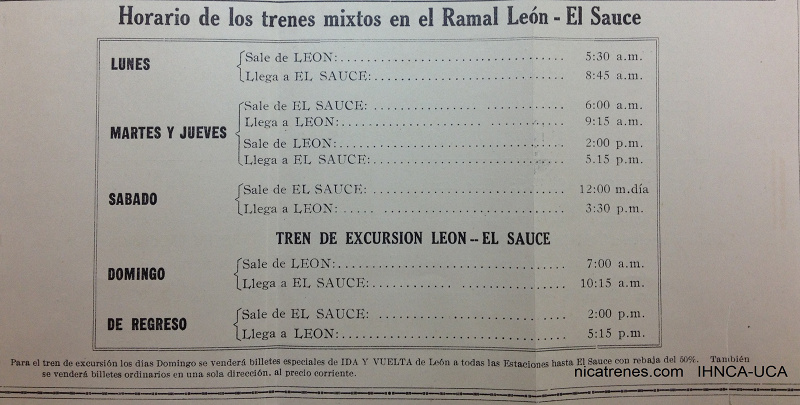 itinerario de trenes Leon al El sauce -1934 nicaragua