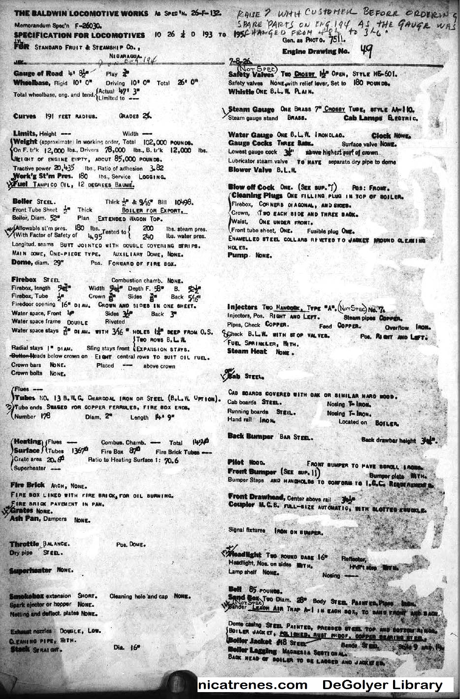 original buildes sheet spesifications locomotive No.11, 12, 14 nicaragua page1